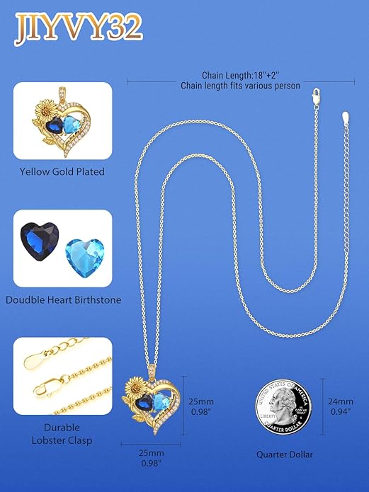 Sunflower Heart Necklace for Women 14K Gold Exquisite Anniversary Birthday Gifts for Wife Mother Her Double Birthstone Pendant jewelry‘You Are My Sunshine’