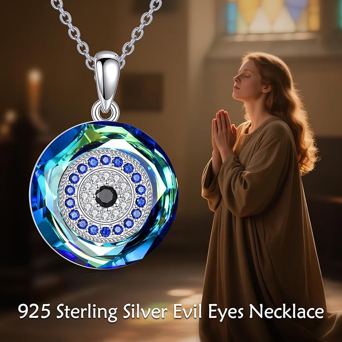 YFN Evil Eye Pendant Necklace for Women 925 Sterling Silver Greek Protection Jewelry with Blue Sapphire and Black Cz Amulet Gift