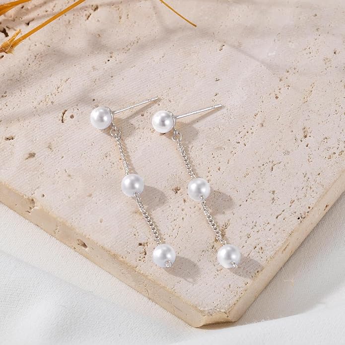 Moodear Dainty Pearl Dangle Earrings for Women - Trendy 14K Gold Plated Pearl Hypoallergenic Drop Earring Wedding Jewelry Gift
