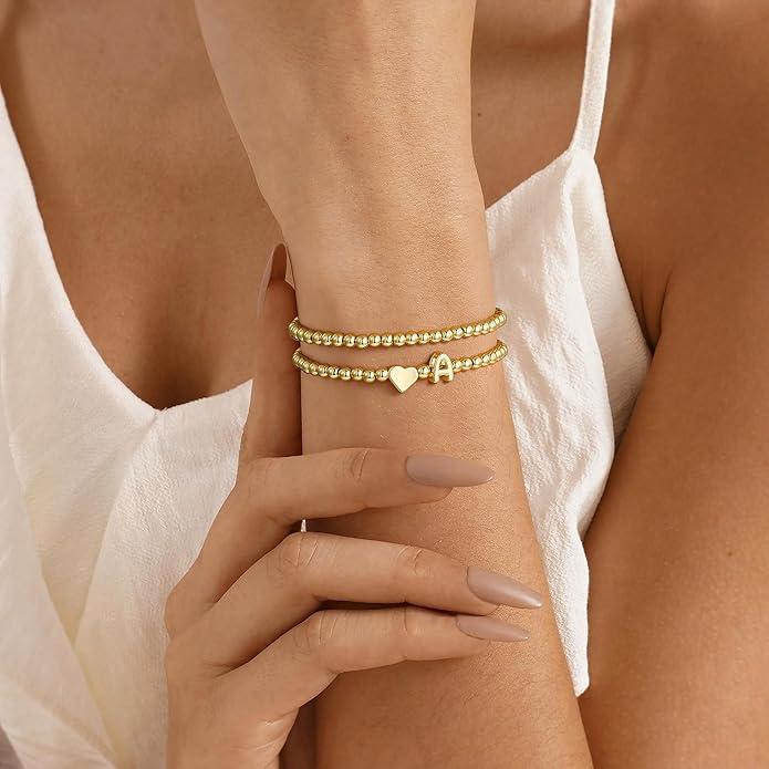 Ursteel Initial Heart Bracelet for Women - Dainty 14K Gold Plated Beaded Bracelets for Women Trendy Letter A-Z Heart Jewelry Personalized Gifts