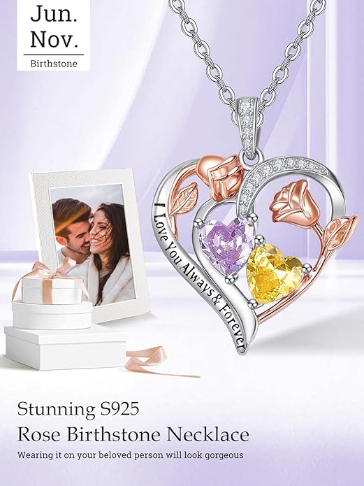 Zeuslia Double Birthstone Necklace Gifts for Wife - 925 Sterling Silver Sunflower/Rose/Crown Cross/Compass/Heart Pendant I Love You Necklace, Anniversary Birthday Gifts for Wife Girlfriend Mom Her