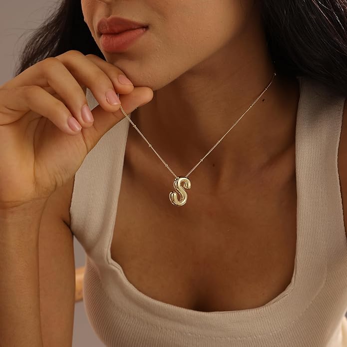 Initial Necklaces for Women, 14k Gold Plated Bubble Letter Necklace Chunky Gold Necklace Dainty Charm Initial Necklaces for Women Trendy Custom Preppy Stocking Stuff Necklace Christmas Gifts