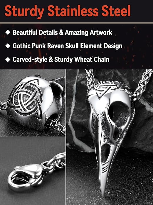 FaithHeart Viking Raven Necklace for Men, Norse Mythology Raven Skull Pendant Sturdy Stainless Steel Amulet Jewelry Gift for Men