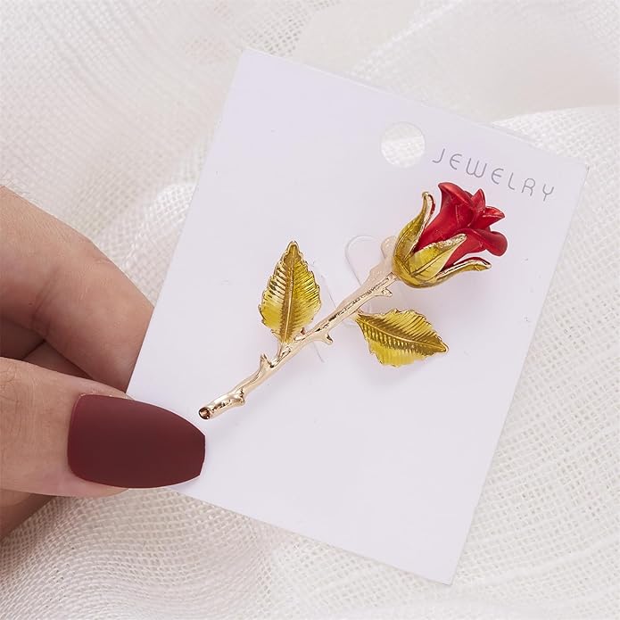 QLUYCKW Rose Flower Brooch Pin for Women Fashion Dainty Gold Plated 3D Red Roses Floral Crystal Brooch Pin Birthday Dress Suit Accessories Jewelry