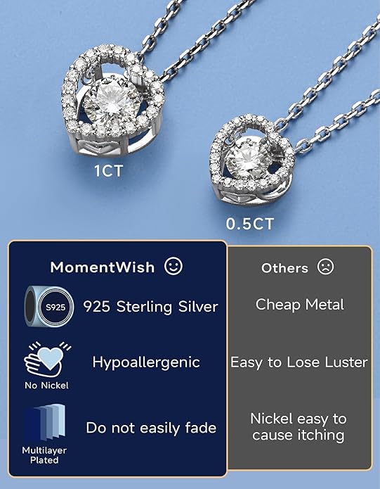 MomentWish Dancing Heart Necklace for Women, 0.5/1 Carat Dancing Moissanite Necklace for Her 925 Sterling Silver Pendant Anniversary Birthday Christmas Gift for Wife Mom Girlfriend