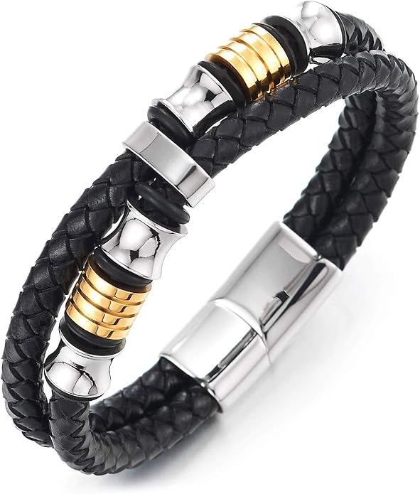 COOLSTEELANDBEYOND Mens Double-Row Braided Leather Bracelet Bangle Wristband with Stainless Steel Ornaments