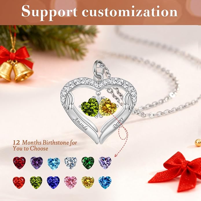 JOBFLY S925 Sterling Silver Customized 2 Birthstone Heart Necklace with 2 Name Engraved Personalized Mother Daughter Necklace Couple Jewelry Christmas Birthday Gift