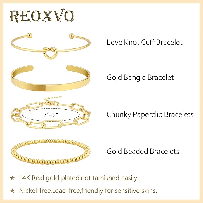 Reoxvo Gold Plated Bangle Cuff Bracelets for Women Non Tarnish Gold Bracelet Stack Jewelry Set for Women Trendy