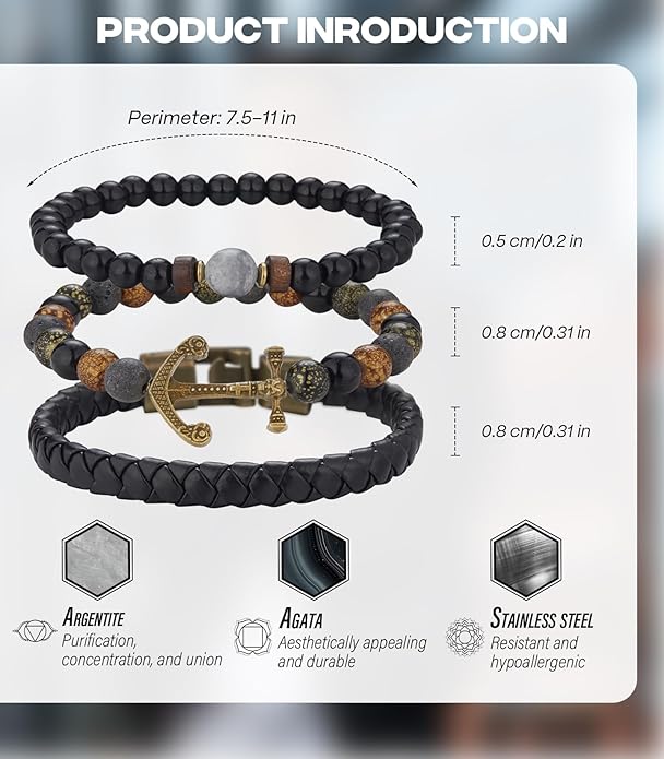 3pc Mens Beaded Bracelets Silver Stainless Steel Chain Bracelet for Men Handmade Braided Bracelet Sets Jewelry Gifts for Men