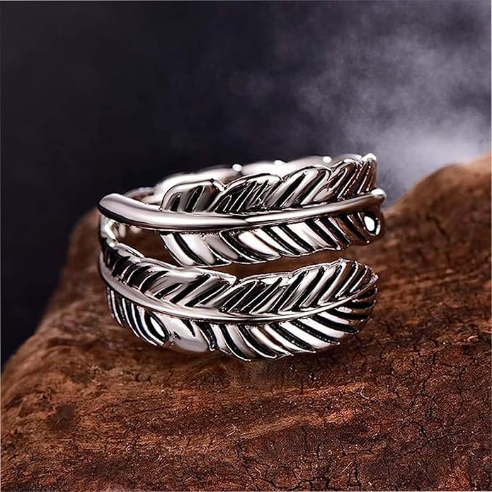 Sterling Silver Feather Ring with Black Onyx & Turquoise - Adjustable Stacking Vintage Statement Ring for Women & Men