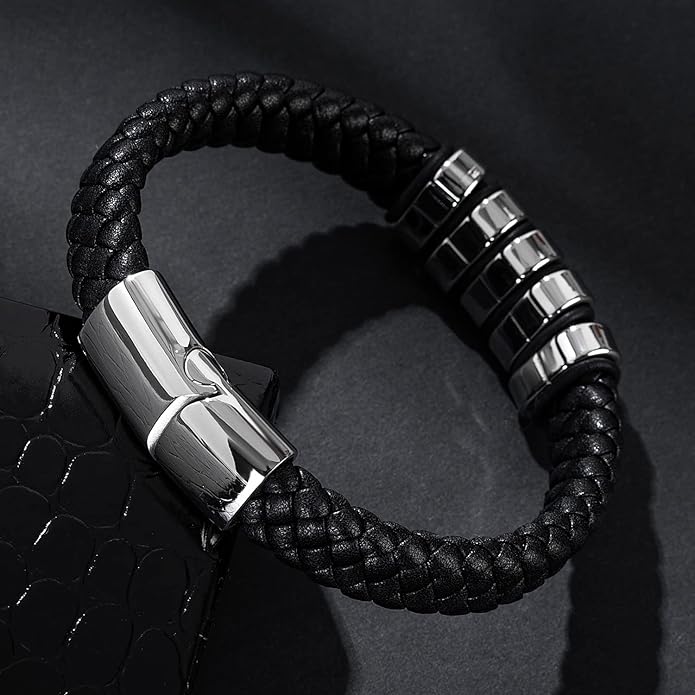 Leather Bracelet for Men Braided Cuff Wristband Stainless Steel Clasp in Silver and Gold Jewellery Gift