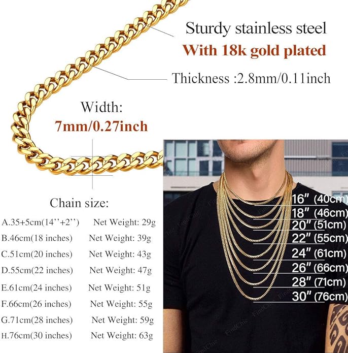 FindChic Men Curb Chain Necklace 18K Gold Plated/Stainless Steel/Black Chunky Double Tight Cuban Link Hip Hop Neck Chains for Men Boys 3.5MM/5MM/6MM/7MM/9MM/12MM 14''-30'' 8 Length Options (Send Gift Box)