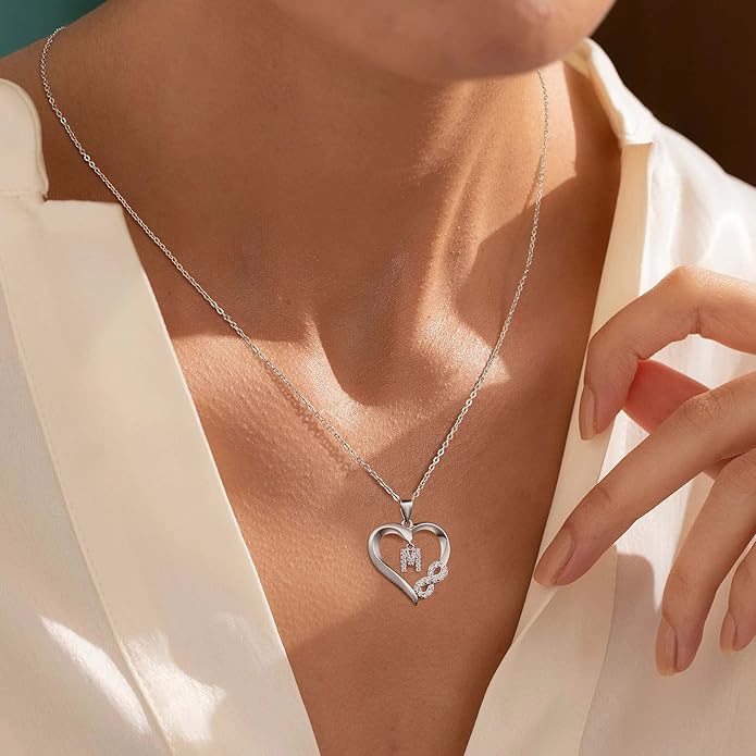 Valentine's Day Gifts for Women - Heart Initial Sterling Silver Necklace with Cubic Zirconia Heart Pendant, Elegant Jewelry Gift for Mom Wife Girlfriend, Perfect Birthday Present in Gift Box