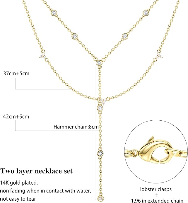 Dochais Dainty Gold Layered Necklace for Women, 14K Gold Plated Y Necklace & Chain, Dainty Lariat Long Necklaces, Trendy Cubic Zirconia Choker, Sun, Heart, Pearl & Cross Pendant Necklace, Jewelry Gift