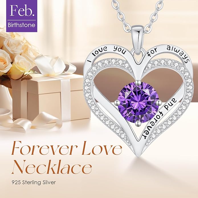 LOUISA SECRET Love Heart Birthstone Necklaces for Women, Birthday Gift for Girlfriend, Anniversary Jewelry Gift for Wife Her, 925 Sterling Silver Women Pendant Necklace, Mother's Day Christams Gift