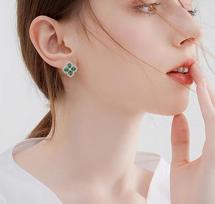 VONSSY Four Leaf Clover Necklace Earrings Shamrock Irish ST Patricks Jewelry Set Gift Green Emerald Zircon Crystal Stud 18k Gold Plated Chain Saint Pendant for Woman Wife Girlfriend