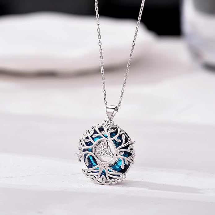Tree of Life Pendnat Sunflower/Celtic Necklace with Blue Crystal Tree Jewelry Gifts for Women