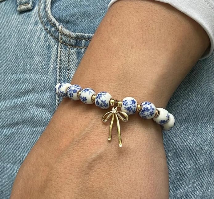Qiuseadu Bow Bracelet Necklace Set 14K Gold Beaded Bracelet Dainty Bow Pendant Choker Jewelry Gift Set