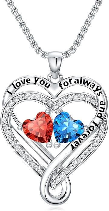 I Love You for Awlays and Forever Double Heart Necklace with Birthstone, 2 Birth Stone Jewelry Anniversary Valentines Mothers Day Christmas Birthday Gifts for Women Her Wife Girlfriend Mom Mother