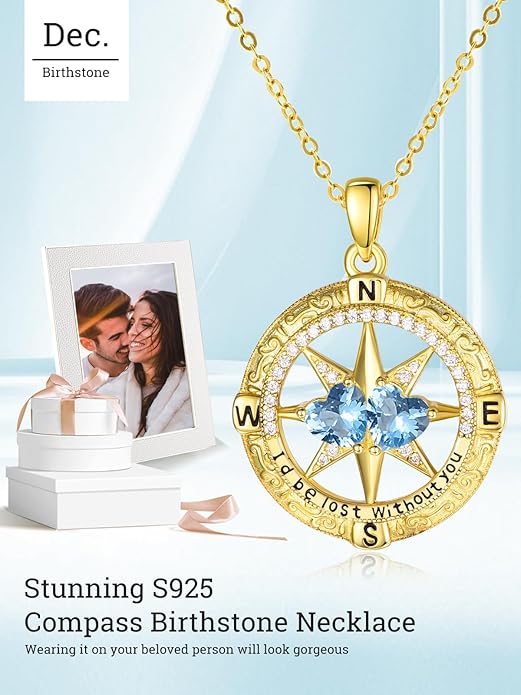 Zeuslia Double Birthstone Necklace Gifts for Wife - 925 Sterling Silver Sunflower/Rose/Crown Cross/Compass/Heart Pendant I Love You Necklace, Anniversary Birthday Gifts for Wife Girlfriend Mom Her