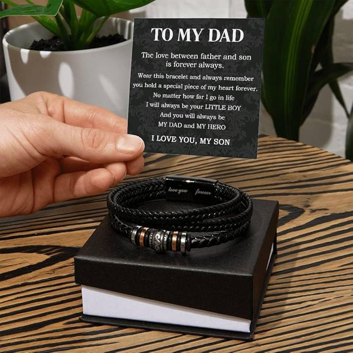 To My Dad Leather Bracelet Father's Day Gift for Dad with Loving Message Card Meaningful Gift from Son or Daughter Men’s Braided Bracelet for Dad Gift for Men Birthday Gift for Dad