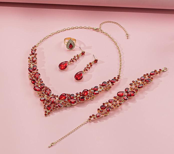 Paxuan Crystal Bridal Wedding Jewelry Sets for Women Rhinestone Teardrop Crystal Statement Choker Necklace Drop Earrings Link Bracelets Rings Teardrop Jewelry Set for Brides Bridesmaids
