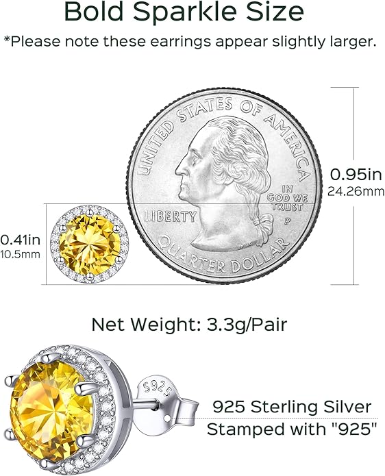 ChicSilver 925 Sterling Silver Birthstone Earrings for Women, 8MM/2 Carat Heart & Round Cubic Zirconia Stud Earrings, Hypoallergenic Jewelry, Ideal Birthday or Christmas Gifts