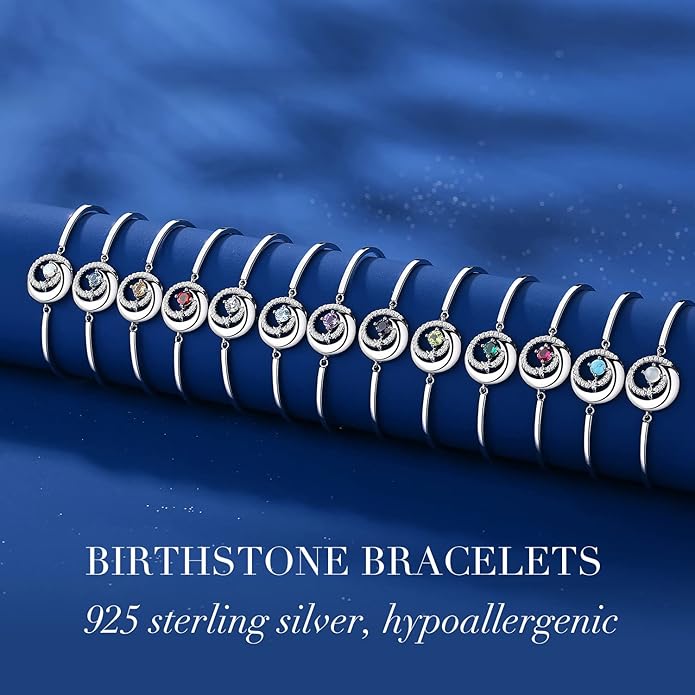 FANCIME Birthstone Bracelets 925 Sterling Silver Moon and Star Bangle Charm Bracelet Fine Jewelry Birthday Anniversary Christmas Day Gift for Her Women, Adjustable Chain 6.7"+1.2" Extend