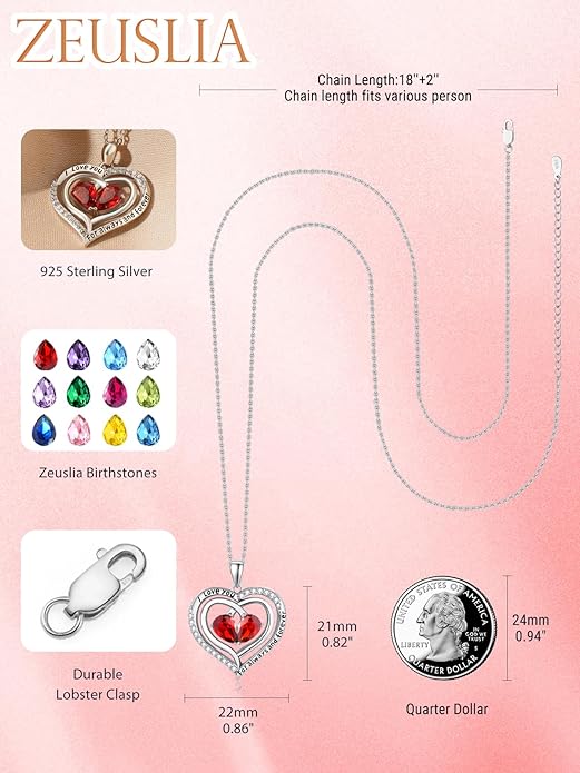Zeuslia Double Birthstone Necklace Gifts for Wife - 925 Sterling Silver Sunflower/Rose/Crown Cross/Compass/Heart Pendant I Love You Necklace, Anniversary Birthday Gifts for Wife Girlfriend Mom Her
