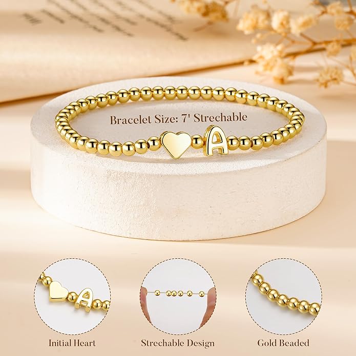 Ursteel Initial Heart Bracelet for Women - Dainty 14K Gold Plated Beaded Bracelets for Women Trendy Letter A-Z Heart Jewelry Personalized Gifts