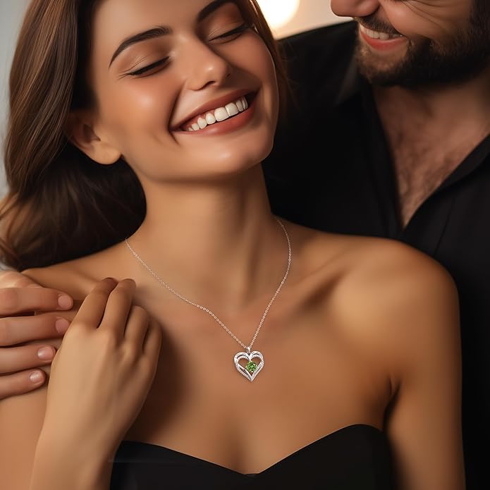LOUISA SECRET Love Heart Birthstone Necklaces for Women, Birthday Gift for Girlfriend, Anniversary Jewelry Gift for Wife Her, 925 Sterling Silver Women Pendant Necklace, Mother's Day Christams Gift
