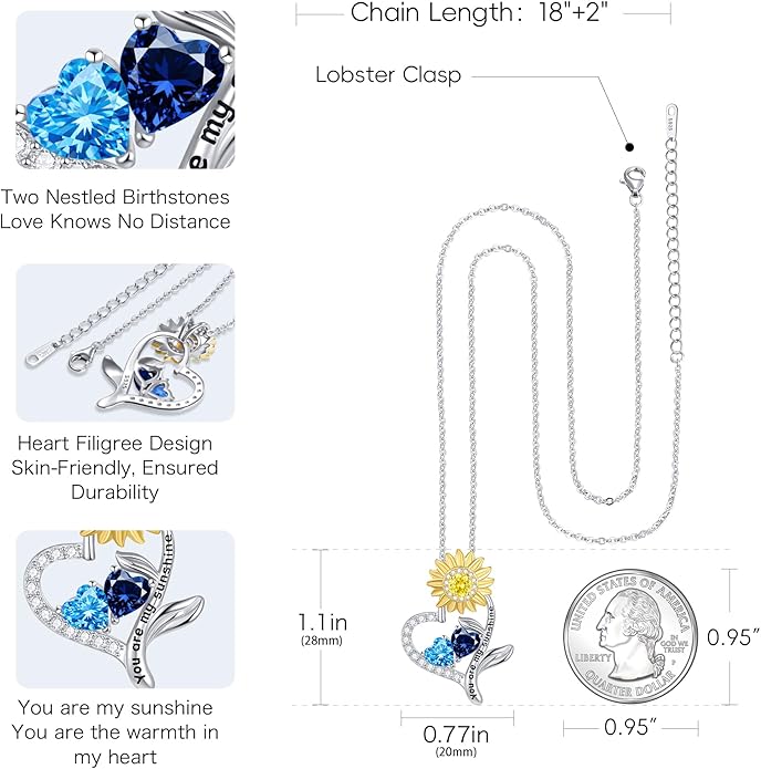 PERJI Valentine's Day Gifts for Women - 925 Sterling Silver Double Birthstone Sunflower Necklace, Anniversary Birthday Jewelry You are My Sunshine Gifts for Wife Couple Girlfriend 18"+2" Non Tarnish