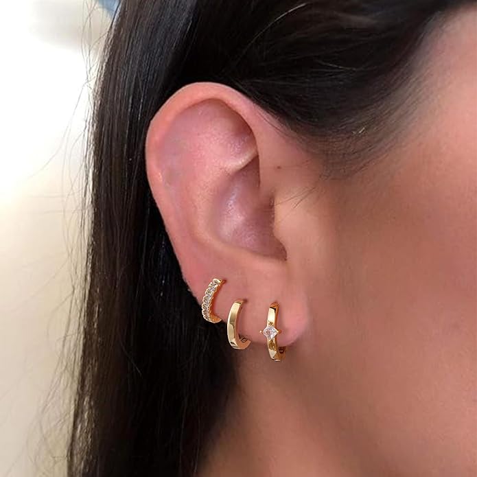 micuco 3 Pairs Small Hoop Earrings Set for Women, 14K Gold Plated Huggie Hoop Earrings for Men, Tiny Cartilage Hypoallergenic Earring Set