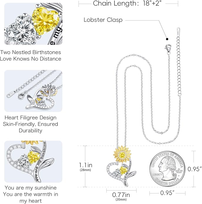 PERJI Valentine's Day Gifts for Women - 925 Sterling Silver Double Birthstone Sunflower Necklace, Anniversary Birthday Jewelry You are My Sunshine Gifts for Wife Couple Girlfriend 18"+2" Non Tarnish