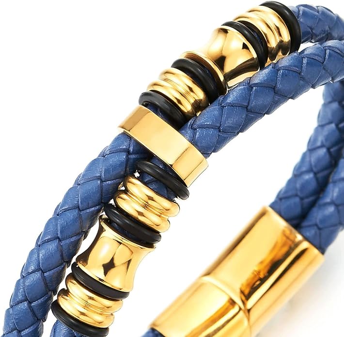 COOLSTEELANDBEYOND Mens Double-Row Braided Leather Bracelet Bangle Wristband with Stainless Steel Ornaments