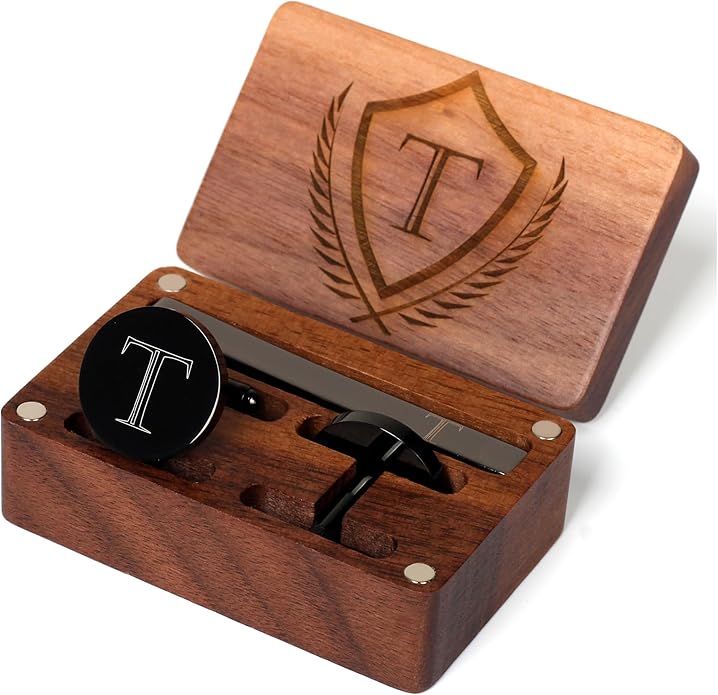 Mens Initial Cufflinks and Tie Clip A-Z Alphabet Letter Black Stainless Cuff Links Tie Bar with Engraved Walnut Wood Box Groom Groomsman Wedding Set