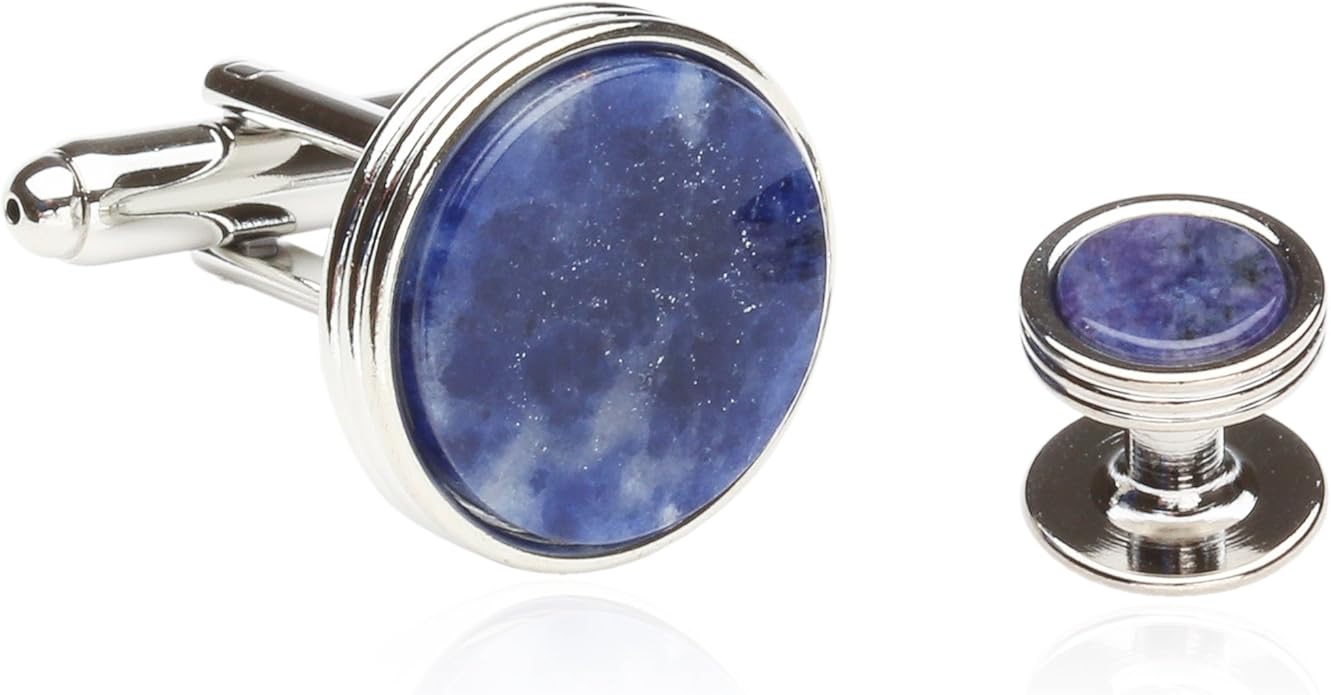 Blue Sodalite Tuxedo Shirt Cufflinks Studs Formal Set for Men with Travel Gift Box Lapis Lazuli Blue Cufflinks and Studs