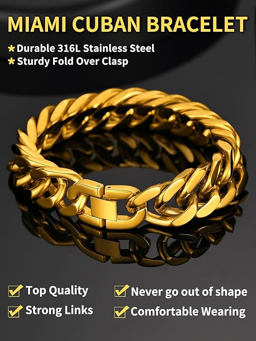 ChainsHouse Stainless Steel Cuban Link Bracelet, 8mm/12mm/17mm Width, 7.5"/8.3"/9", 18K Gold Plated Chain Wrist Bracelets for Men Women, Send Gift Box