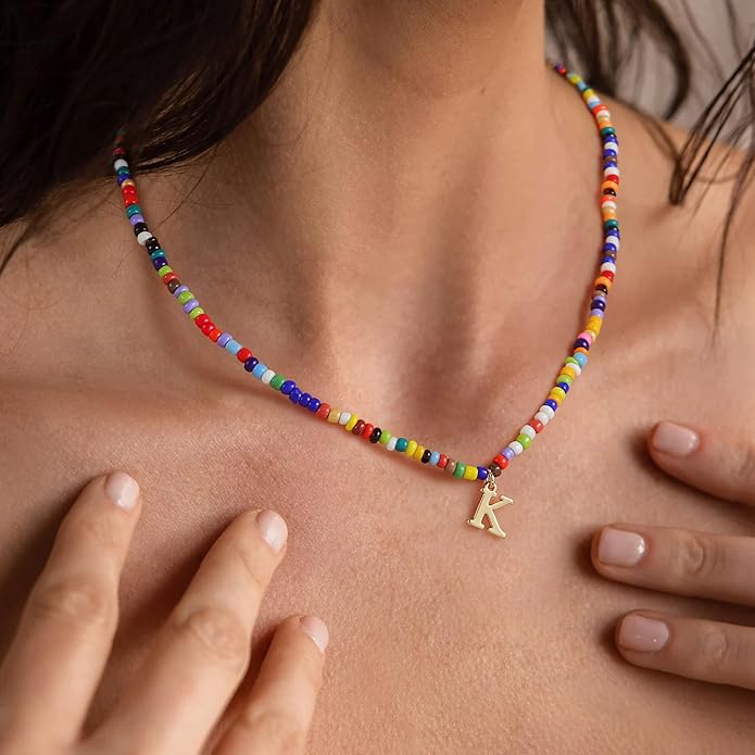 Yoosteel Colorful Beaded Initial Necklaces for Girls Gifts - Cute Choker Necklace for Kids Jewelry A-Z Initial Necklaces for Women Personalized Birthday Gifts for Teenage Girls