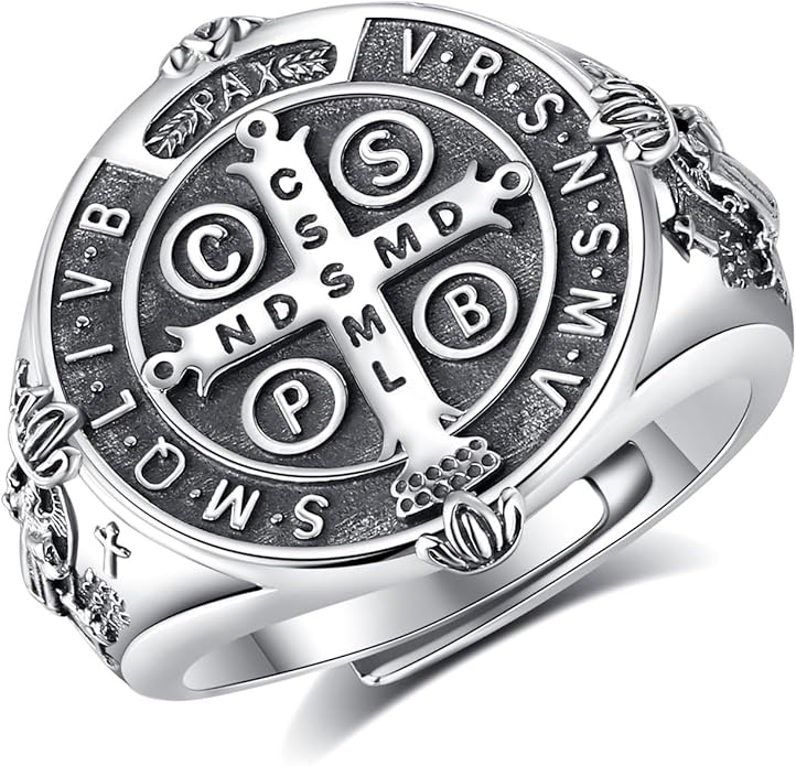 EUDORA S925 Sterling Silver St Benedict Ring San Benito Rings for Women Men, Vintage Ankh Cross Ring Saint Benedict Amulet Adjustable Rings Gifts for Women Mens Father Mother