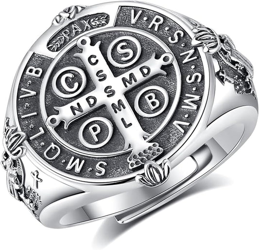 EUDORA S925 Sterling Silver St Benedict Ring San Benito Rings for Women Men, Vintage Ankh Cross Ring Saint Benedict Amulet Adjustable Rings Gifts for Women Mens Father Mother