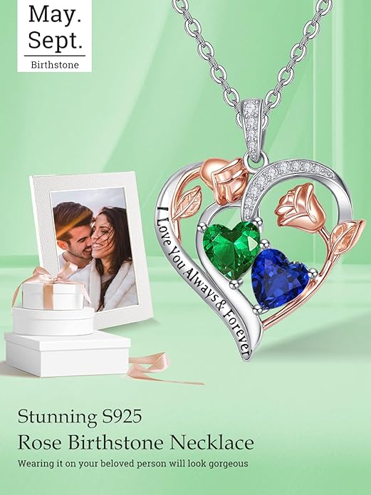 Zeuslia Double Birthstone Necklace Gifts for Wife - 925 Sterling Silver Sunflower/Rose/Crown Cross/Compass/Heart Pendant I Love You Necklace, Anniversary Birthday Gifts for Wife Girlfriend Mom Her