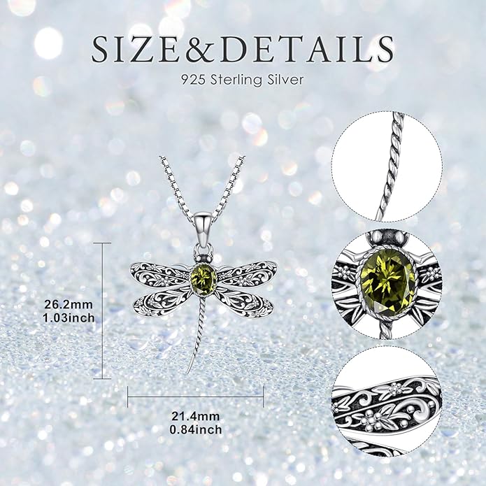 Vintage Dragonfly Necklace for Women 925 Sterling Silver, Oval Birthstone Dragonfly Pendant Boho Jewelry Birthday Gift for Her, Mom, Grandma