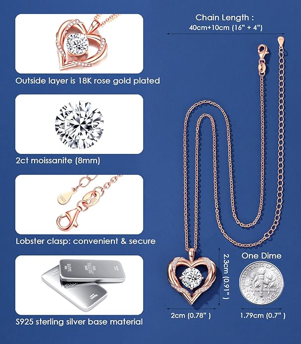 Beam & Bask 2-3 Ct Moissanite Heart Necklaces for Women, 18K Gold Plated Romantic Pendant for Anniversary Birthday, 925 Sterling Silver Jewelry for Wife Girlfriend Mom Her