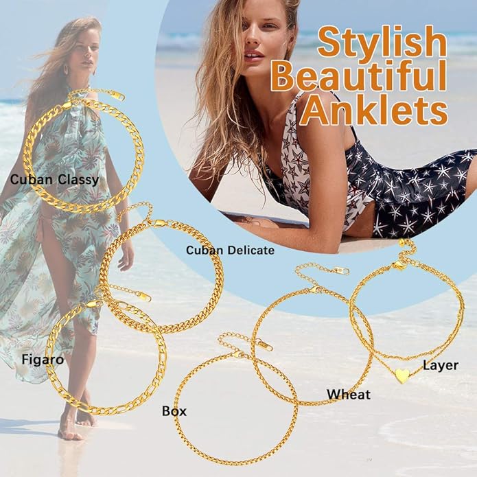 PROSTEEL Stainless Steel Chain Anklets for Women, Silver/Gold Tone, Ankle Bracelets Hypoallergenic, 8-10.5 Inch Adjustable, Come with Box