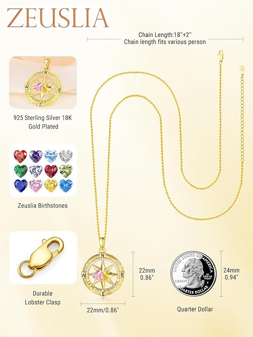 Zeuslia Double Birthstone Necklace Gifts for Wife - 925 Sterling Silver Sunflower/Rose/Crown Cross/Compass/Heart Pendant I Love You Necklace, Anniversary Birthday Gifts for Wife Girlfriend Mom Her