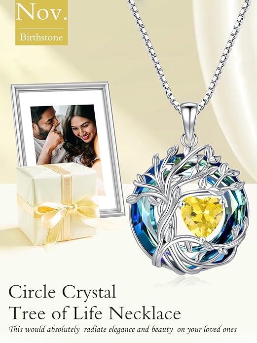 TOUPOP Christmas Gifts Tree of Life Birthstone Necklace 925 Sterling Silver Pendant Austrian Crystal Jewelry Anniversary Birthday Gifts for Women Mom Her Wife