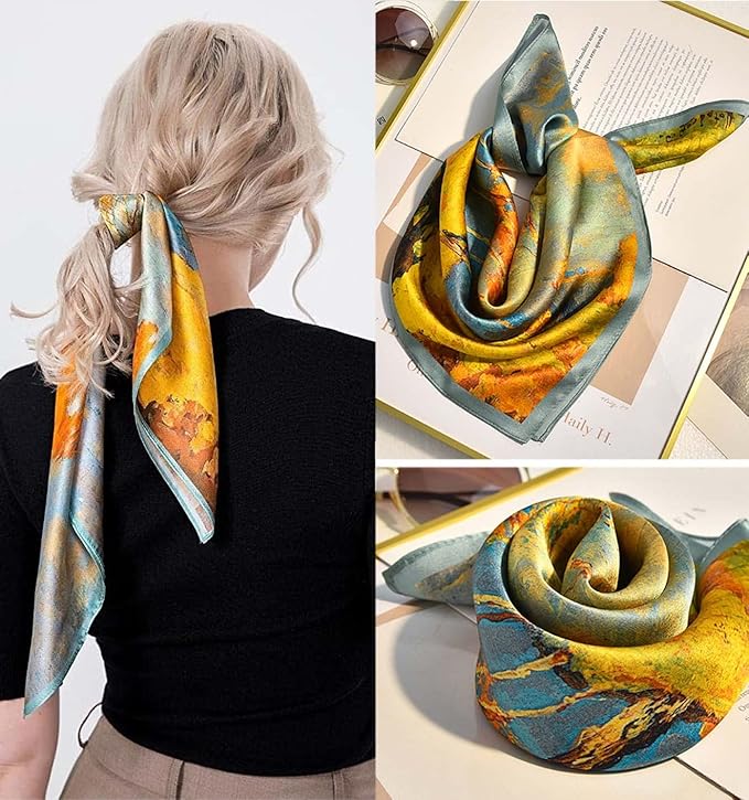 kcctoo 27.5" Mulberry Silk Feeling Head Scarf Women's Fashion Square Neck Satin Scarfs for Bag Hair Scarves Gift