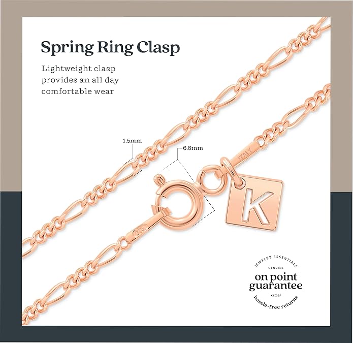 KEZEF Sterling Silver 1.5mm Figaro Chain Necklace for Women - 925 Italian Diamond Cut Chain, Available in Silver, 18K Yellow Gold, Rose Gold, 16-30 Inches