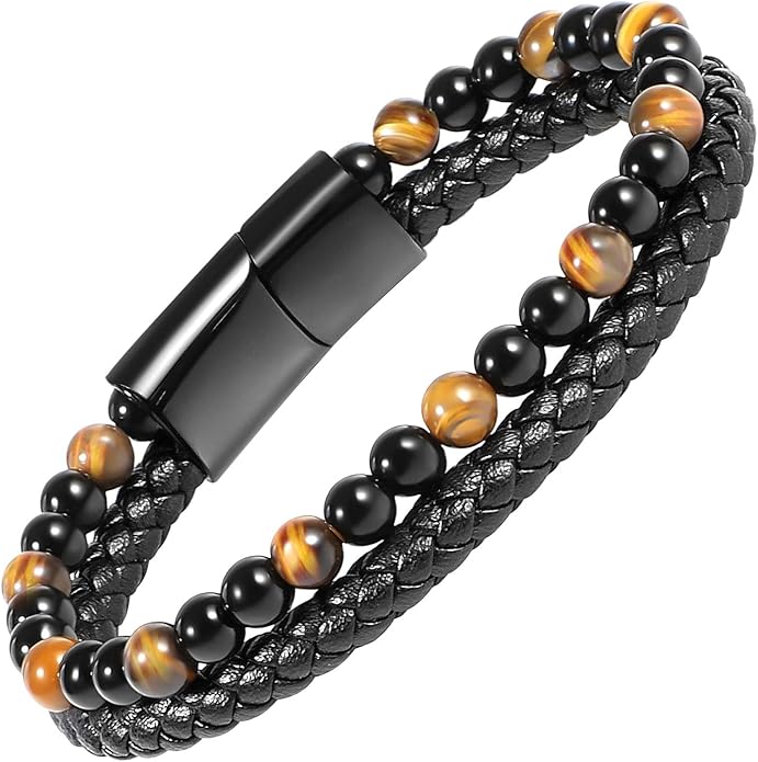 Tiger Eye Black Leather Bracelet Men Natural Tiger Eye Gemstone Crystal Stone Jewelry Handmade Courage And Stress Relief Protection Bracelet